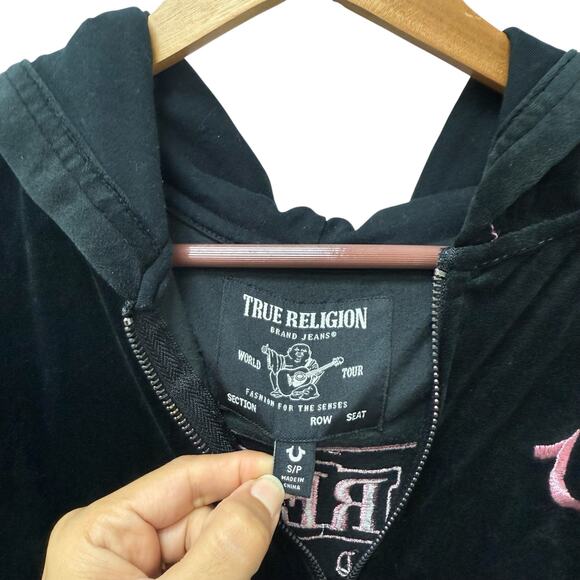 True Religion Velour Lurex Big T Zip Hoodie Black Pink Women’s Size Small - Picture 5 of 10